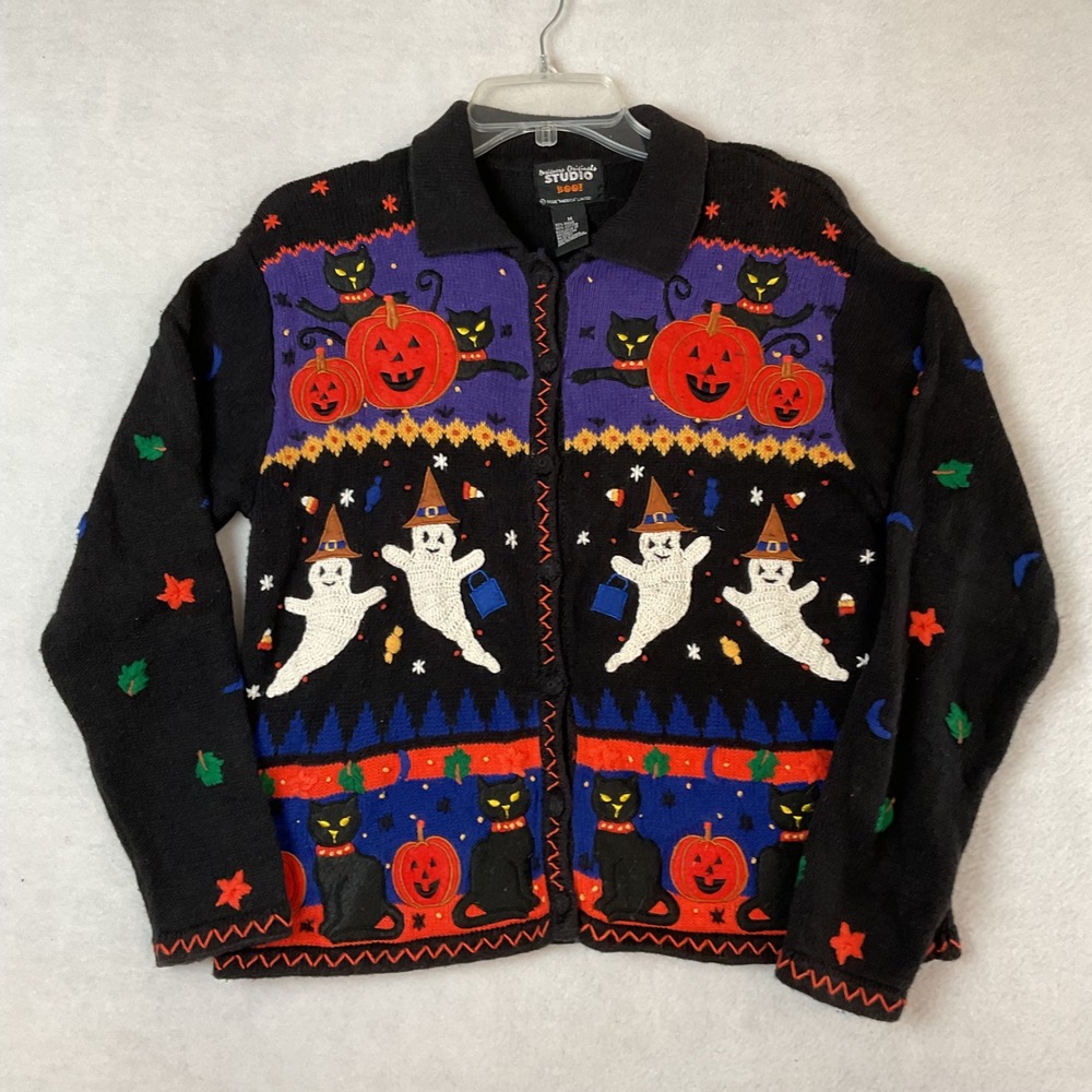 Designers Originals Studio Halloween Cardigan Ghost Cat Pumpkin Black Medium